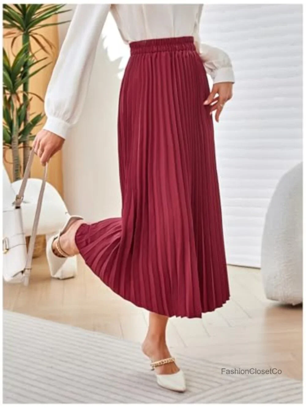Pleated Long Skirt High Rise A-Line Midi Stretchy